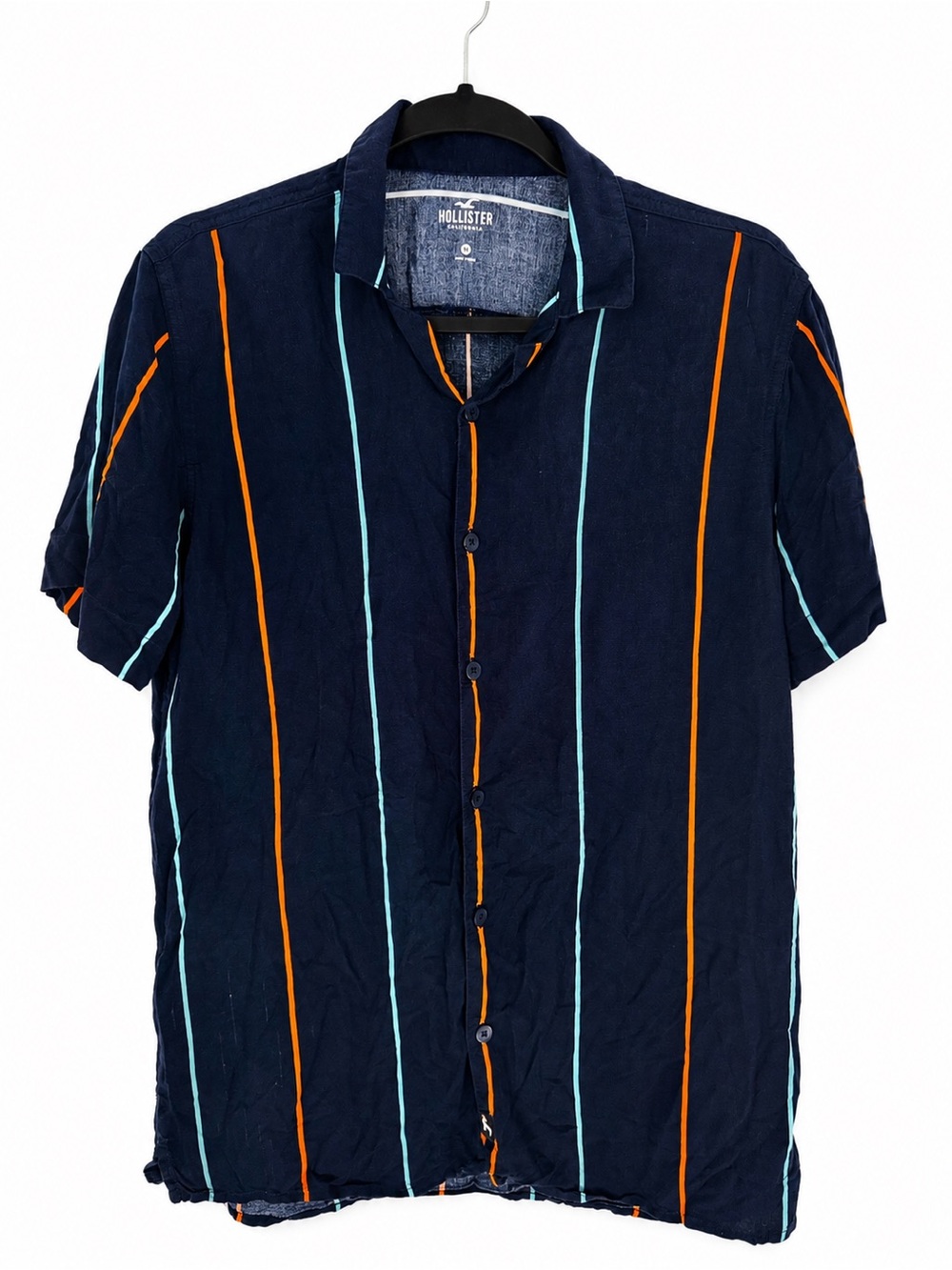 Hollister Men’s Vertical Strip Button Down Shirt Navy Blue Yellow Viscose Camp M
